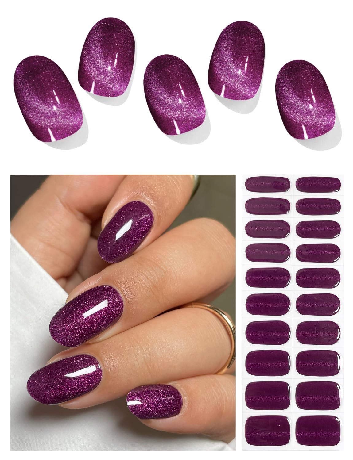 AutyaMee Semi Cured Gel Nail Strips (Deep Plum Cat Eye). Dark Purple. 20 Pcs Gel Nail Wraps. Stickers. UV Light Required. Salon Quality. Long Lasting : Beauty & Personal Care