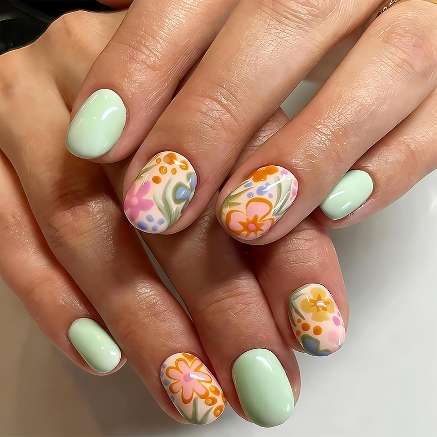 24Pcs Colorful Flower Press-On Nails - Short. Square. Fake. Spring-Summer Nail Art Set. Light Pink Acrylic. Full Cover Glossy False Nails for Women & Girls : Beauty & Personal Care