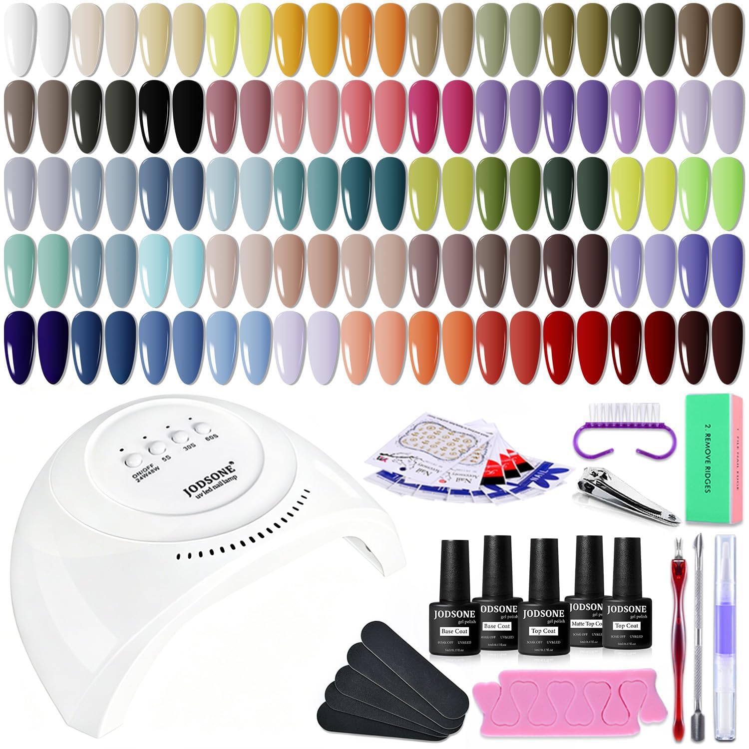 JODSONE Gel Nail Polish Kit 60 PCS with U V Light Soak off Base Top Coat 55 Shine Colors Gel Nail Kit Bright and Dark Brown Wine Red Series Manicure Set for Women and Girls : Beauty & Personal Care