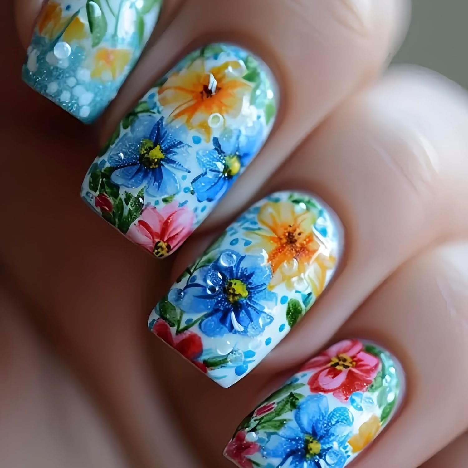 24Pcs Colorful Flower Press-On Nails - Short. Square. Fake. Spring-Summer Nail Art Set. Light Pink Acrylic. Full Cover Glossy False Nails for Women & Girls : Beauty & Personal Care