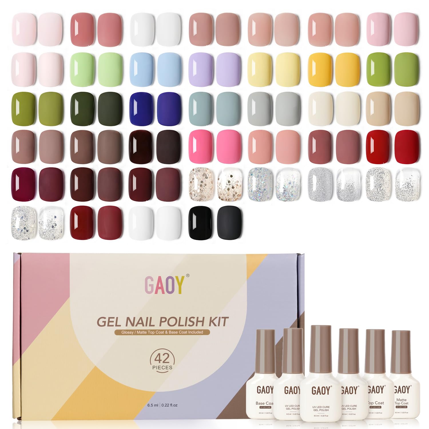 GAOY 42 Pcs Gel Nail Polish Kit. Pink White Red Jelly Nude Colors All Seasons Gel Nail Polish Set with Glossy & Matte Top Coat and Base Coat for DIY Manicure at Home : Beauty & Personal Care