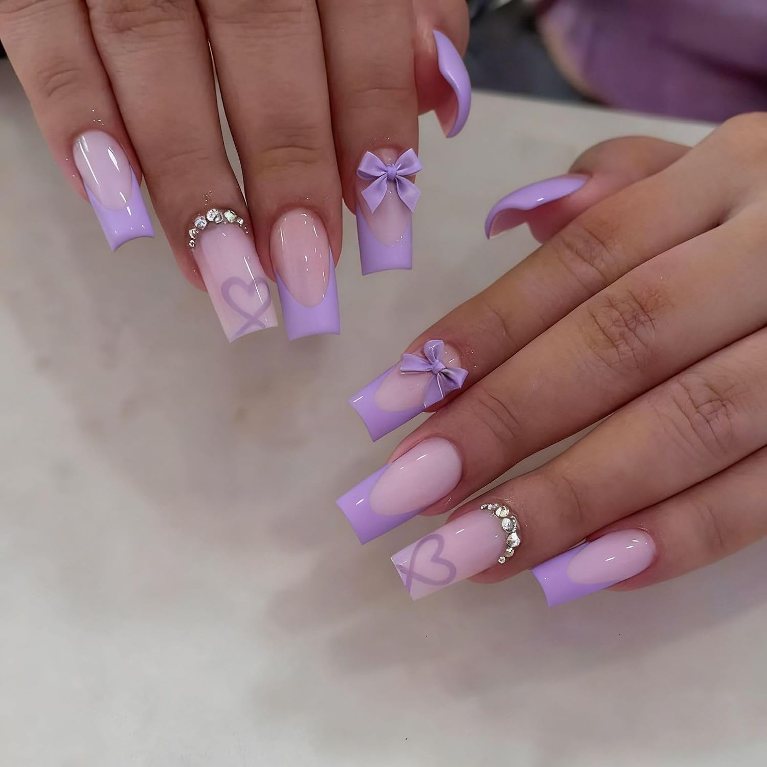 CTTHNBD Medium Press on Nails Coffin - Black French Tip Fake Nails with Bow Charms Design - Heart False Nails Press ons - for Women 24 Pcs : Beauty & Personal Care