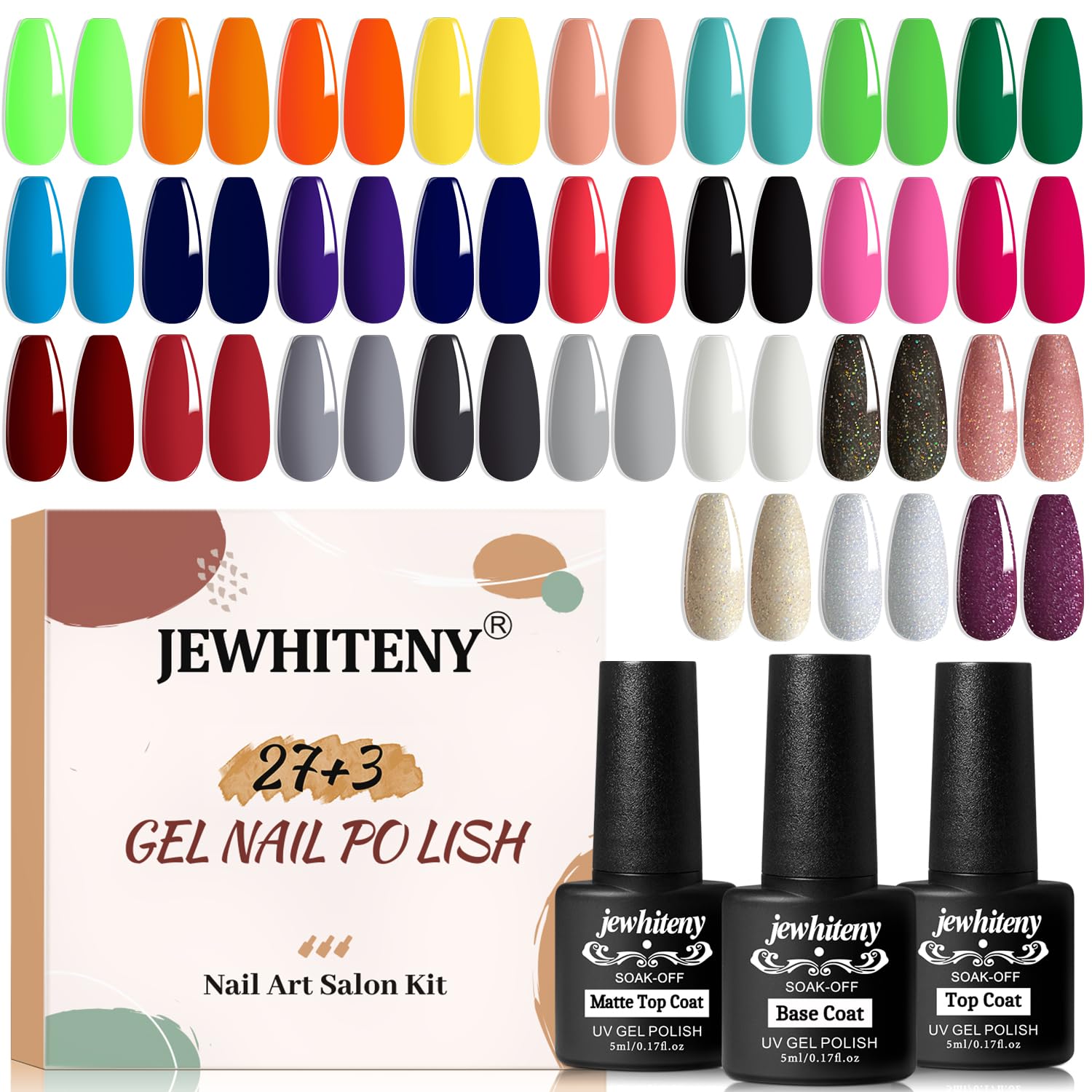 JEWHITENY 30pcs Gel Nail Polish Kit With 27 Colors + Matte Top Coat. Base Coat And Top Coat Polish Set For Manicure Nail Art Salon/Home Starter (Packaging May Vary) : Beauty & Personal Care