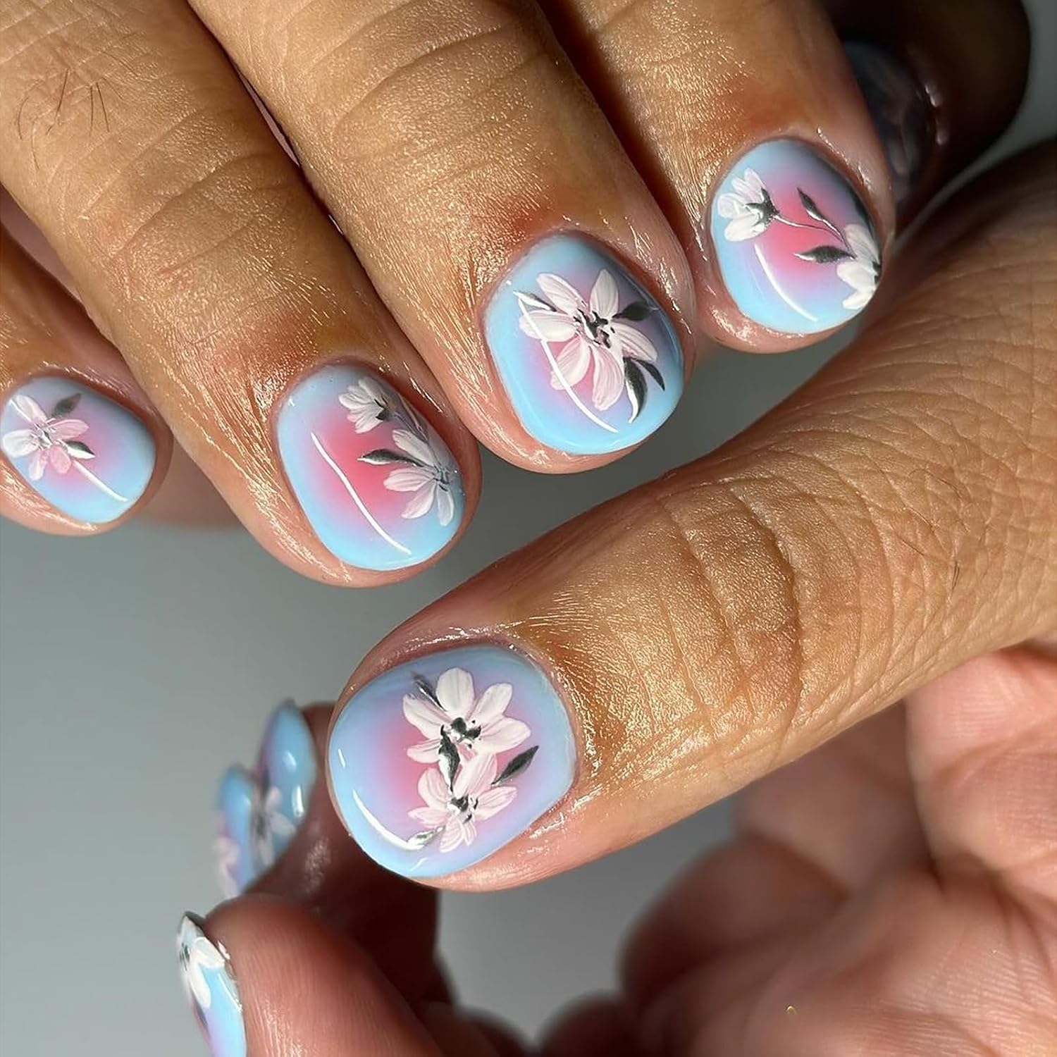 24Pcs Colorful Flower Press-On Nails - Short. Square. Fake. Spring-Summer Nail Art Set. Light Pink Acrylic. Full Cover Glossy False Nails for Women & Girls : Beauty & Personal Care