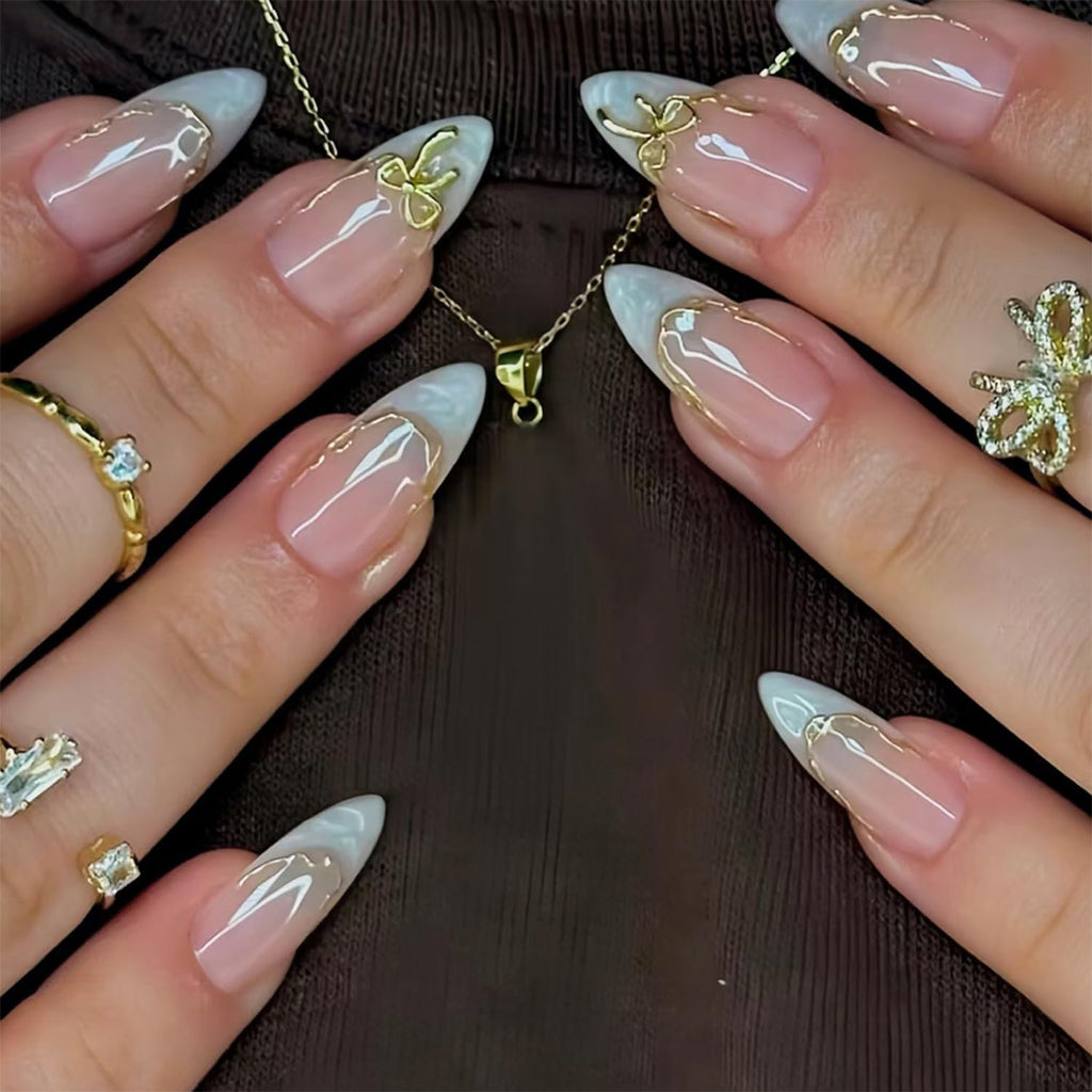 24pcs White French Tip Press on Nails Medium Almond Fake Nails with 3D Bow Acrylic Nails Design Gold Line Stick on Nails French False Nails Kit Full Cover Glue on Nails for Women Nail Decoration : Beauty & Personal Care