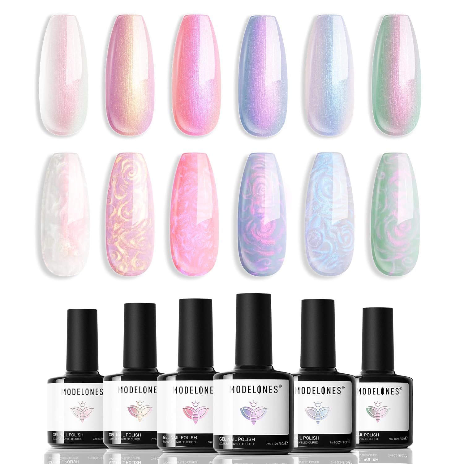 modelones Pearl Gel Nail Polish Set. 6 Colors 2026 Spring Summer Aurora Iridescent Shimmer White Pink Purple Blue Mermaid Nail Glitter Gel Polish LED Swirl Shell Effect with Dotting Pen DIY Gift : Beauty & Personal Care