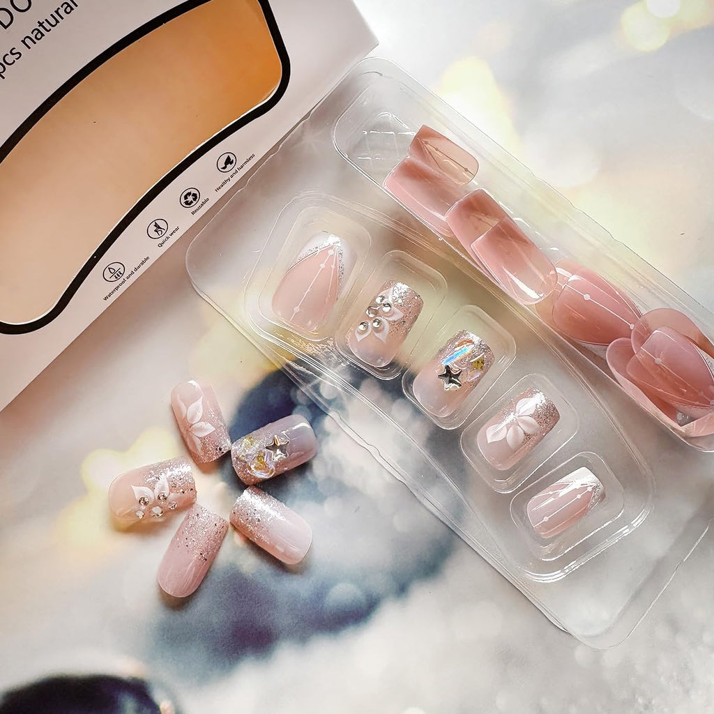 DZPGUONIZ 24pcs Short Square Press on Nails French Tip Fake Nails White Flower with Star Design Glitter False Nails Luxury Nail Charms Crafts White Stripes Glue on Nails for Women Manicure Tips : Beauty & Personal Care