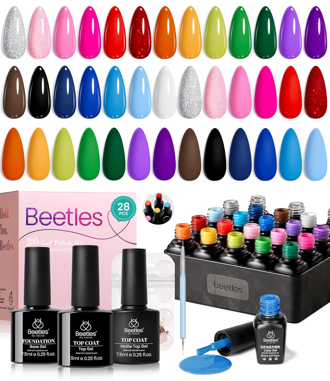 Beetles 44pcs Gel Nail Polish Set - 36 Colors Colorful Muse Gel Polish Kit Pink Nude Red Yellow Green Black White Glitter Nail Kit Base Top Coat UV LED Needed Salon DIY Home Gift for Women : Beauty & Personal Care
