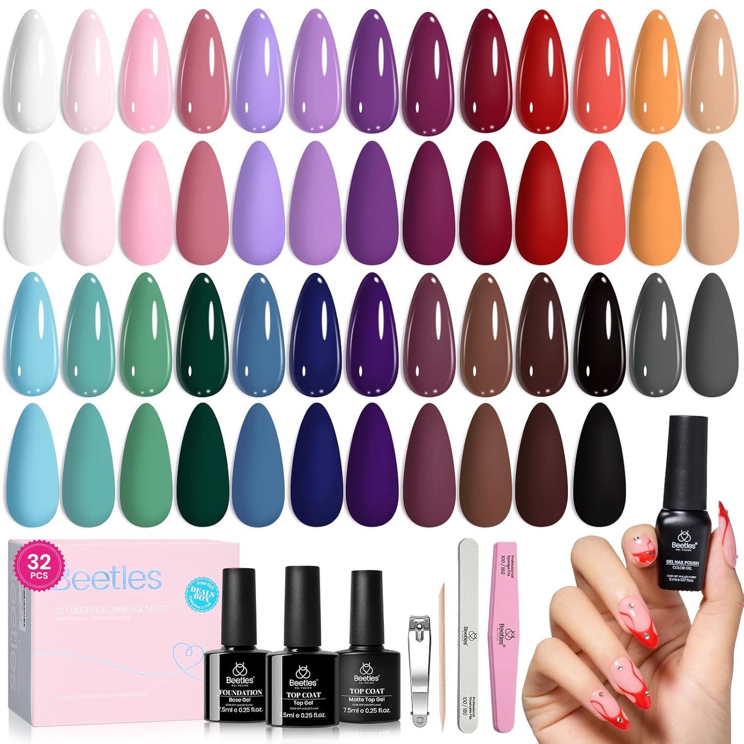 Beetles Summer Gel Polish Set - 36 Colors Bright Neon Gel Nail Polish Pink Orange Red Green Blue 4th of July Nail Polish with 4Pcs Base Top Coat Soak Off Colorful Collection UV Nail Gel : Beauty & Personal Care