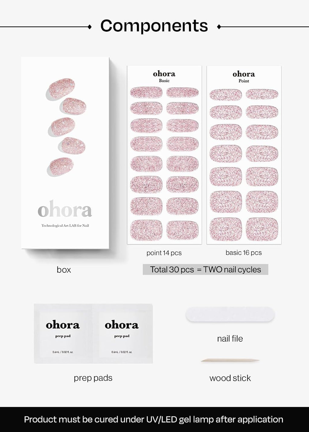 ohora Semi Cured Gel Nail Strips (N Pixie Dust) - Nude. Glitter. Works with Any UV/LED Lamps. Salon-Quality. Long Lasting. Easy to Apply & Remove - Includes 2 Prep Pads. Nail File & Wooden Stick : Beauty & Personal Care
