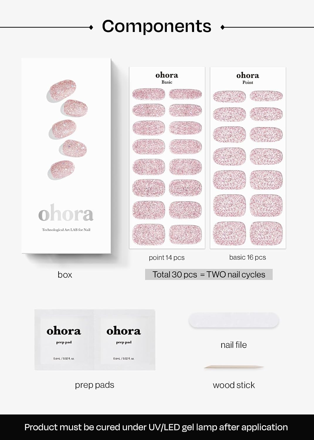 ohora Semi Cured Gel Nail Strips (N Pixie Dust) - Nude. Glitter. Works with Any UV/LED Lamps. Salon-Quality. Long Lasting. Easy to Apply & Remove - Includes 2 Prep Pads. Nail File & Wooden Stick : Beauty & Personal Care