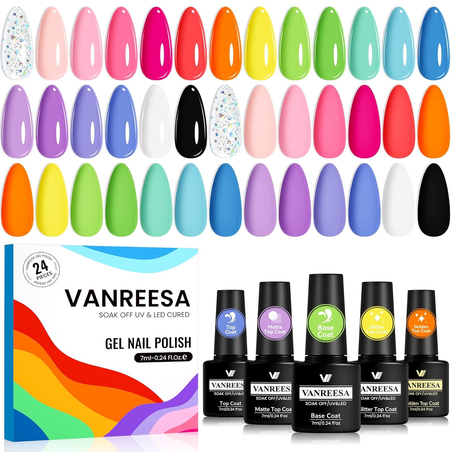 VANREESA 24 Pcs Neon Gel Nail Polish Set -Bright Summer Colors Gel Polish with Base Coat & 4 Effects of Top Coat Bright Yellow Orange Pink Red Green Blue Purple Gel Polish Set Nail Kit Gifts for Women : Beauty & Personal Care