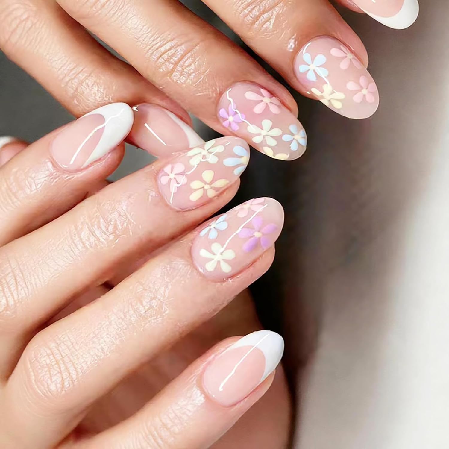 24Pcs Colorful Flower Press-On Nails - Short. Square. Fake. Spring-Summer Nail Art Set. Light Pink Acrylic. Full Cover Glossy False Nails for Women & Girls : Beauty & Personal Care