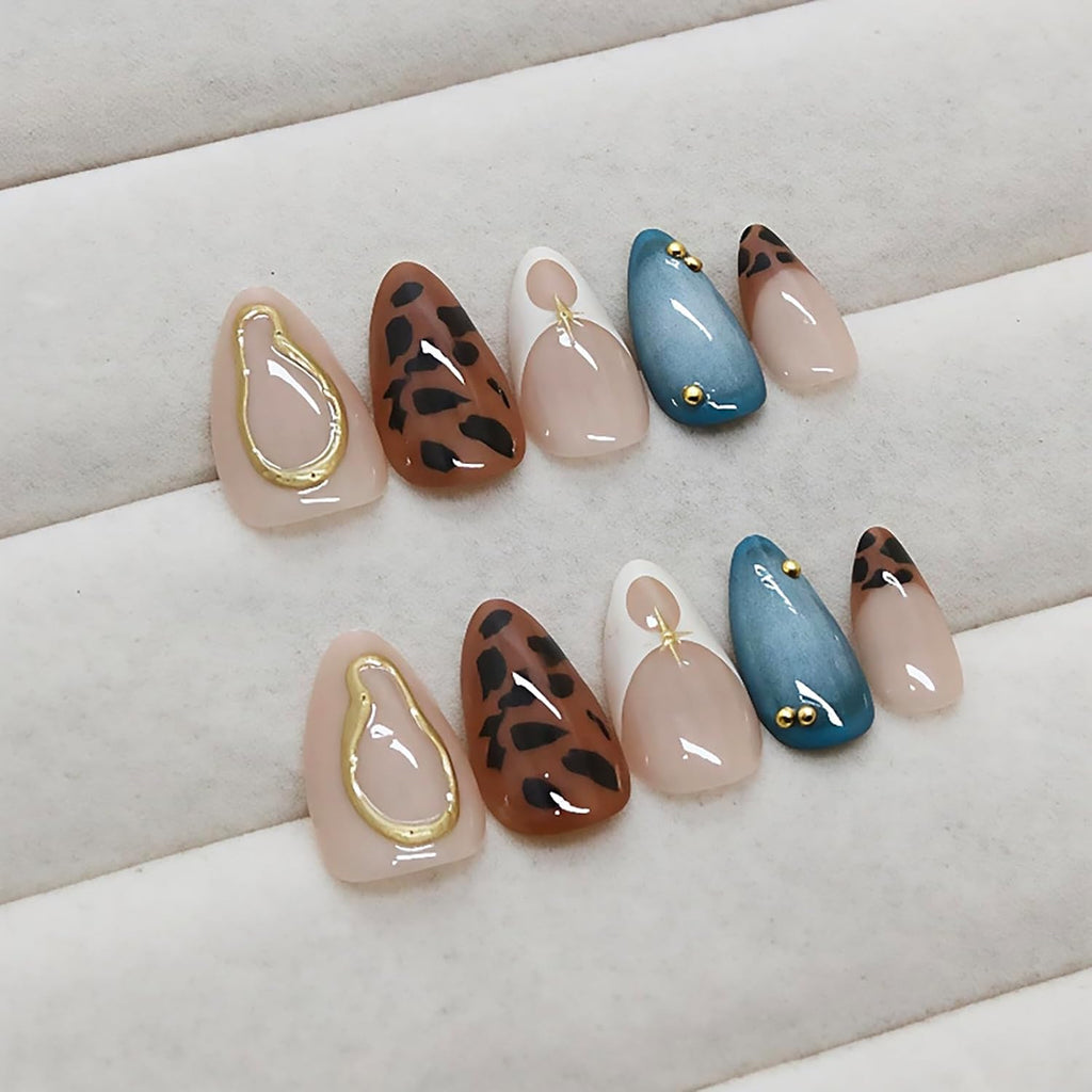 24Pcs Medium Almond Press on Nails French Tip Fake Nails with Brown Leopard Gold Line Design Glossy Reusable False Nail Artificial Acrylic Nails Press ons Holiday Stick on Nails for Women DIY Manicure : Beauty & Personal Care