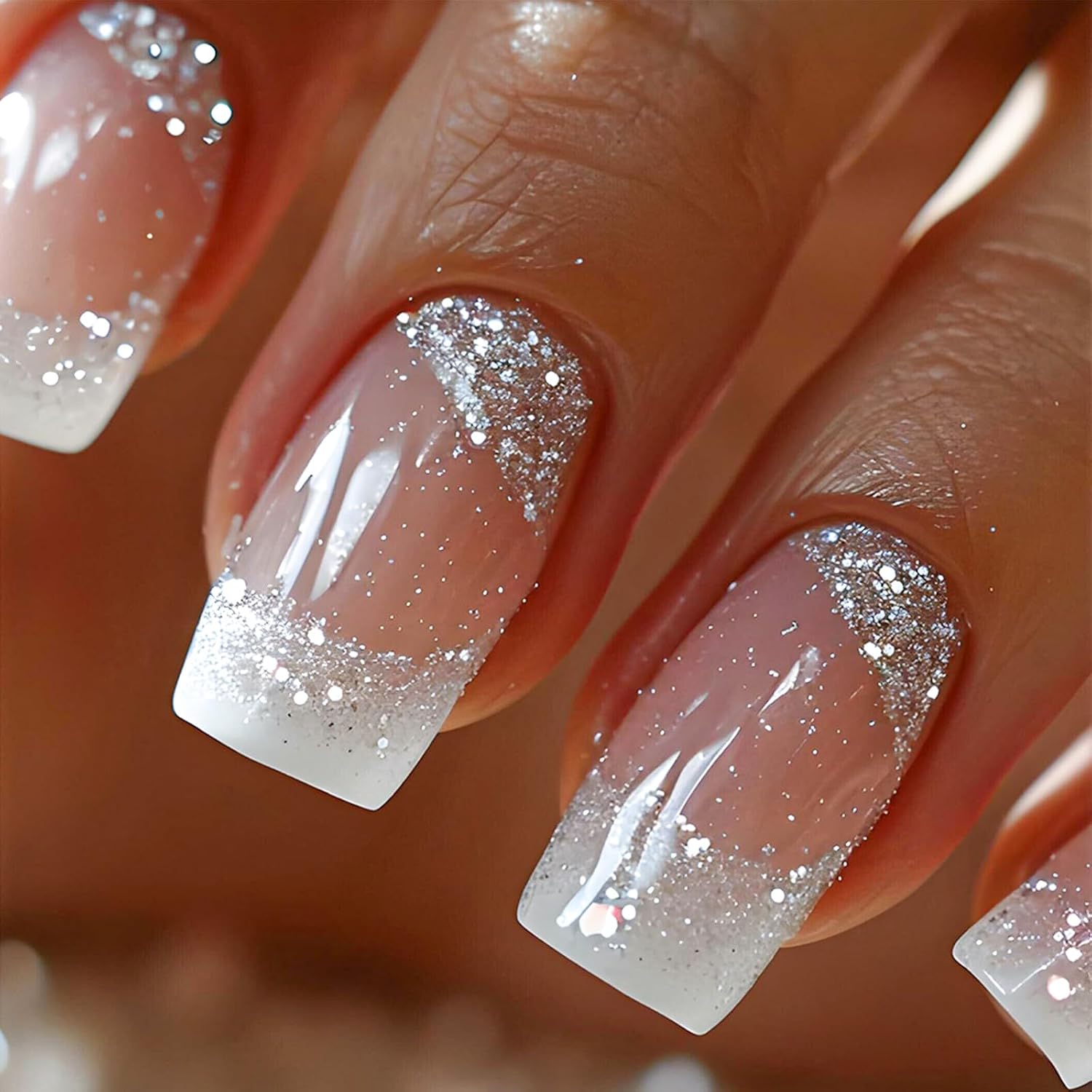 YOSOMMK Press on Nails Short Square Fake Nails with Flower Designs Nude Pink Glossy Full Cover Stick on Nail Bling Sequins Acylic Nail for Women and Girls : Beauty & Personal Care