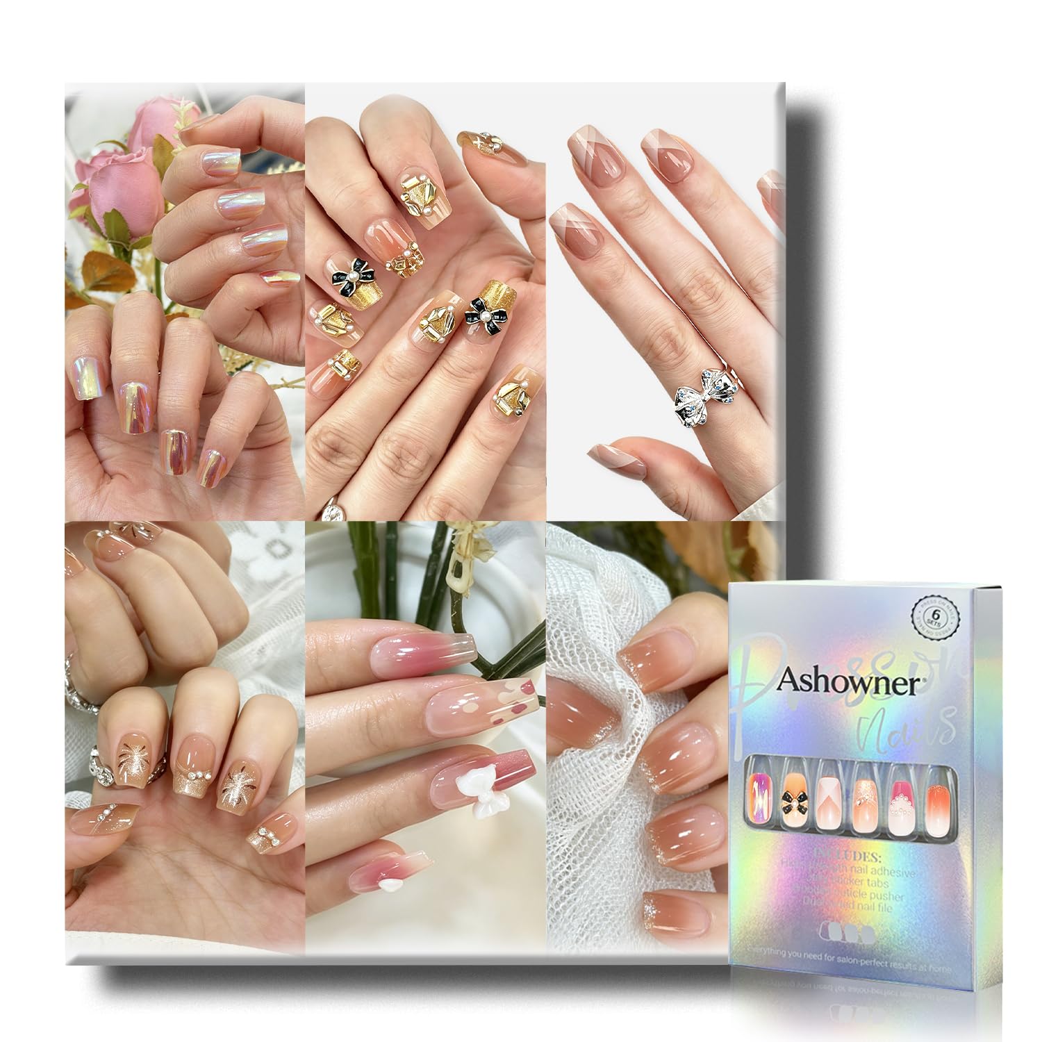 6 Packs (144 Pcs) | Reusable Press on Nails | Stick on Nails 12 Sizes-6 Styles | Cute Bow Nails : Beauty & Personal Care