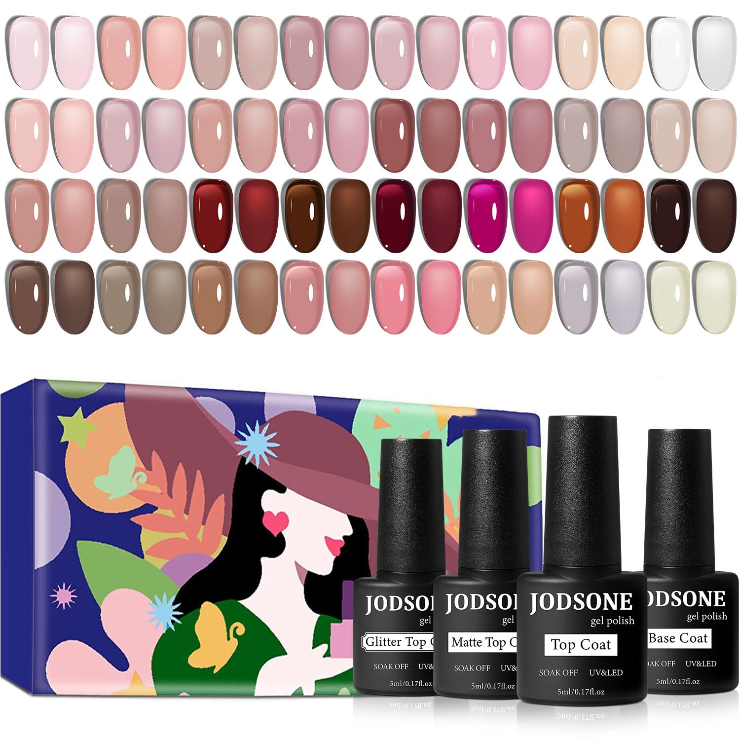 JODSONE Gel Nail Polish Kit 60 PCS with U V Light Soak off Base Top Coat 55 Shine Colors Gel Nail Kit Bright and Dark Brown Wine Red Series Manicure Set for Women and Girls : Beauty & Personal Care