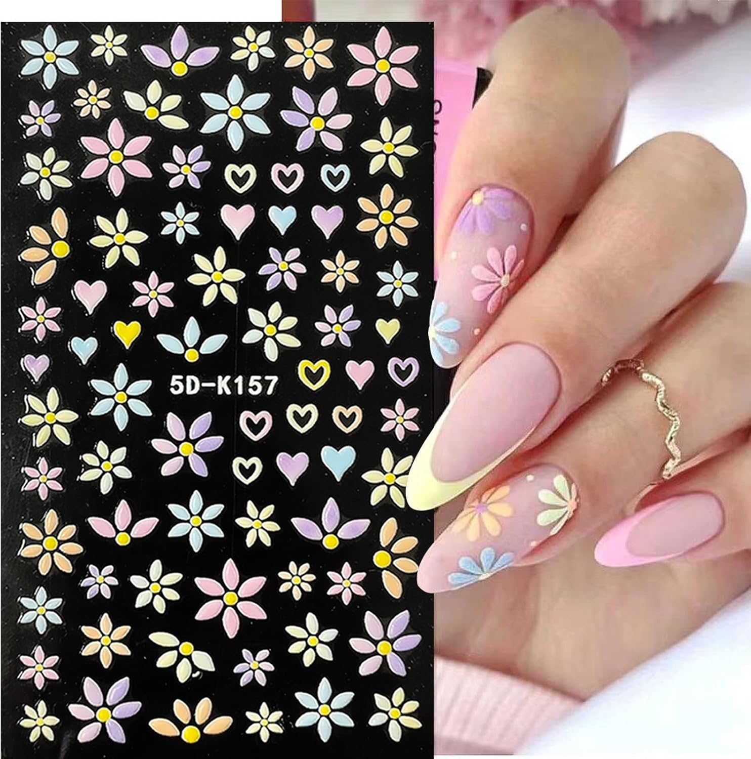 YOSOMMK Nail Art Stickers Decals 5D Embossed Flower Nail Decals Self Adhesive Spring Summer Heart Daisy Nail Supplies 3D Nail Design for Women Nail Decoration Colorful Flower Nail Stickers : Beauty & Personal Care