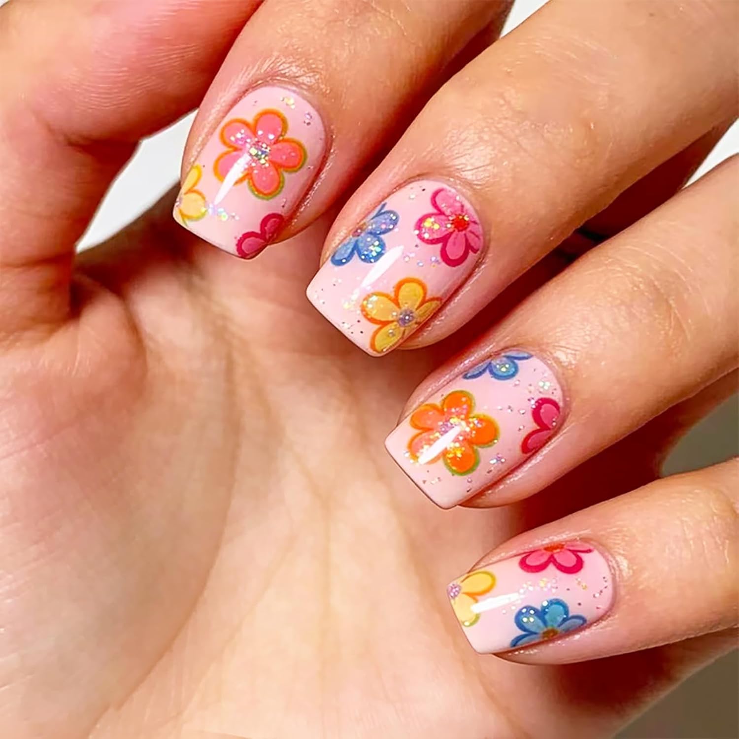 24Pcs Colorful Flower Press-On Nails - Short. Square. Fake. Spring-Summer Nail Art Set. Light Pink Acrylic. Full Cover Glossy False Nails for Women & Girls : Beauty & Personal Care