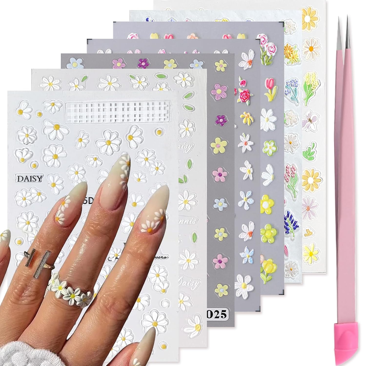 VOTACOS Flower Nail Art Stickers - 5D Embossed. Spring/Summer Daisy Designs. Self-Adhesive Decals for Women's Nail DIY Decoration : Beauty & Personal Care
