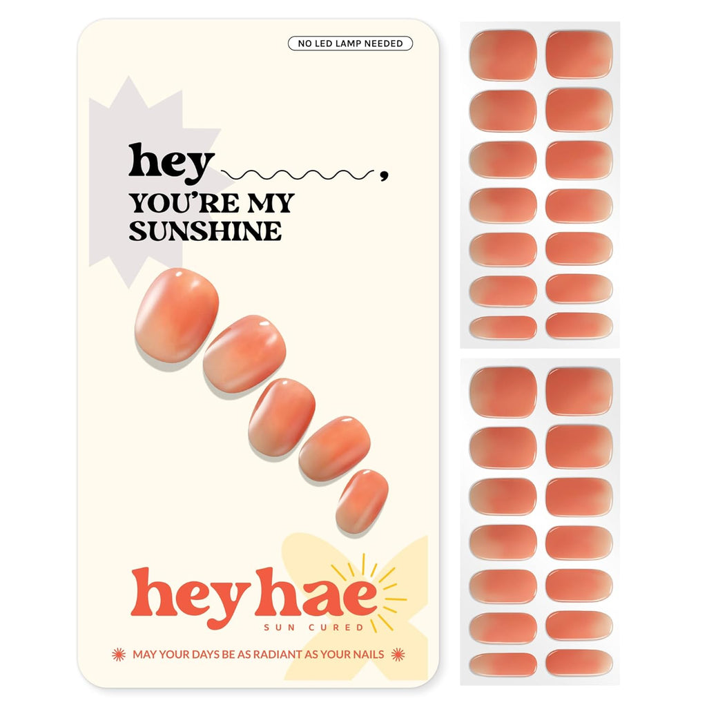 Heyhae Semi Cured Gel Nail Strips | No LED Lamp Needed | Ombre. Orange. Spring | Easy Apply & Remove. Salon Quality |Includes 28 Strips. 1 Prep Pads. Nail File & Wooden stick - Hey. You're My Sunshine : Beauty & Personal Care