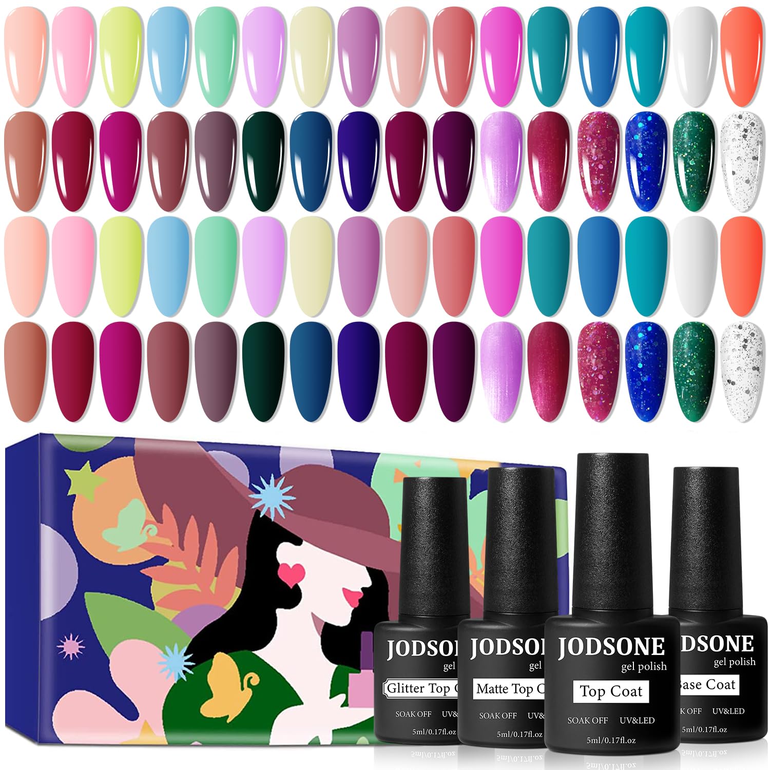JODSONE Gel Nail Polish Kit 60 PCS with U V Light Soak off Base Top Coat 55 Shine Colors Gel Nail Kit Bright and Dark Brown Wine Red Series Manicure Set for Women and Girls : Beauty & Personal Care