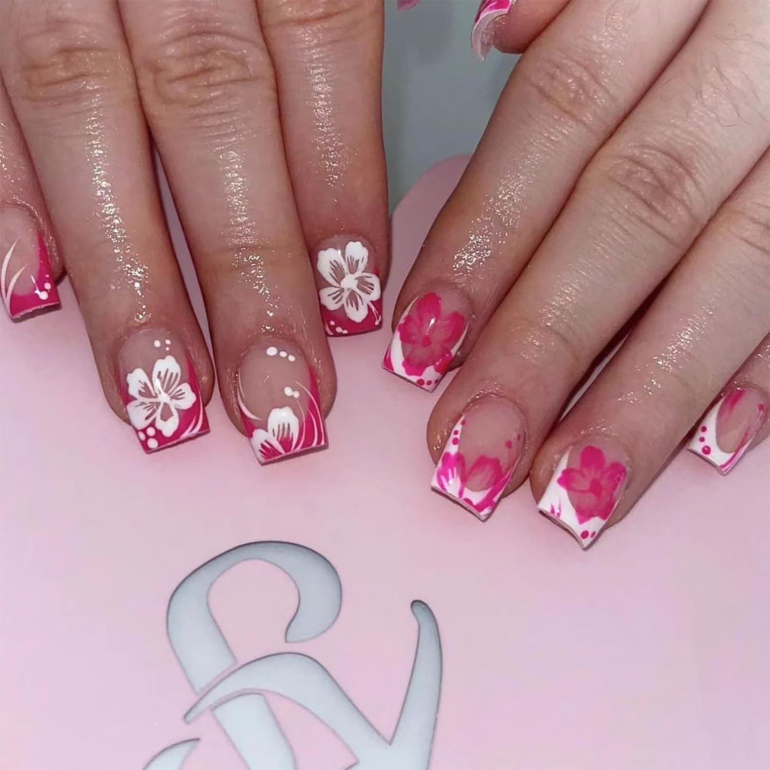 DZPGUONIZ 24pcs Short Square Press on Nails French Tip Fake Nails White Flower with Star Design Glitter False Nails Luxury Nail Charms Crafts White Stripes Glue on Nails for Women Manicure Tips : Beauty & Personal Care