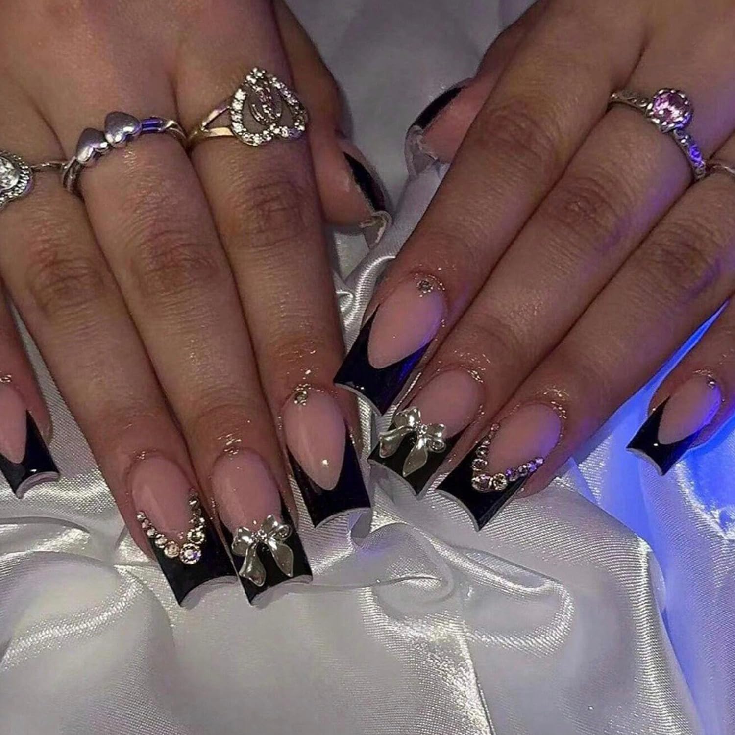 YKZFUI French Tip Press on Nails with Charms. Medium. Cute Bow. Long Square Shape. Acrylic Fake Stick On Nails with Heart and Rhinestones for Women Daily Wear. White : Beauty & Personal Care