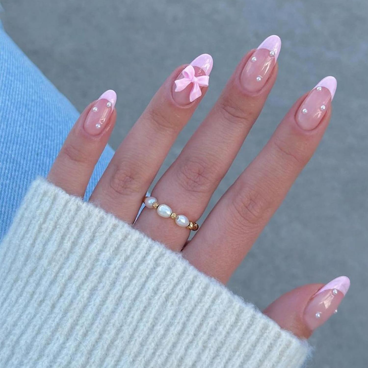 YKZFUI French Tip Press on Nails with Charms. Medium. Cute Bow. Long Square Shape. Acrylic Fake Stick On Nails with Heart and Rhinestones for Women Daily Wear. White : Beauty & Personal Care