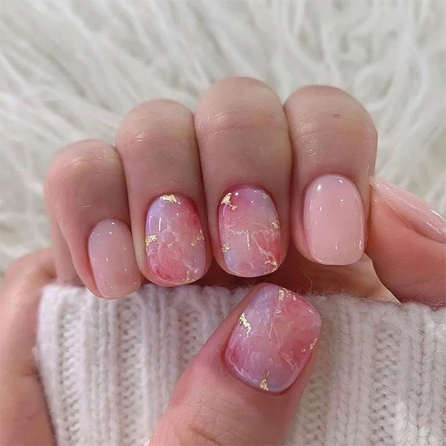 Short Press on Nails Square Nude Ombre Fake Nails Press ons White Glue Stick on Nails with Designs Full Cover Acrylic Glossy Artificial Cute False Nail for Women Girls 24 Pcs : Beauty & Personal Care