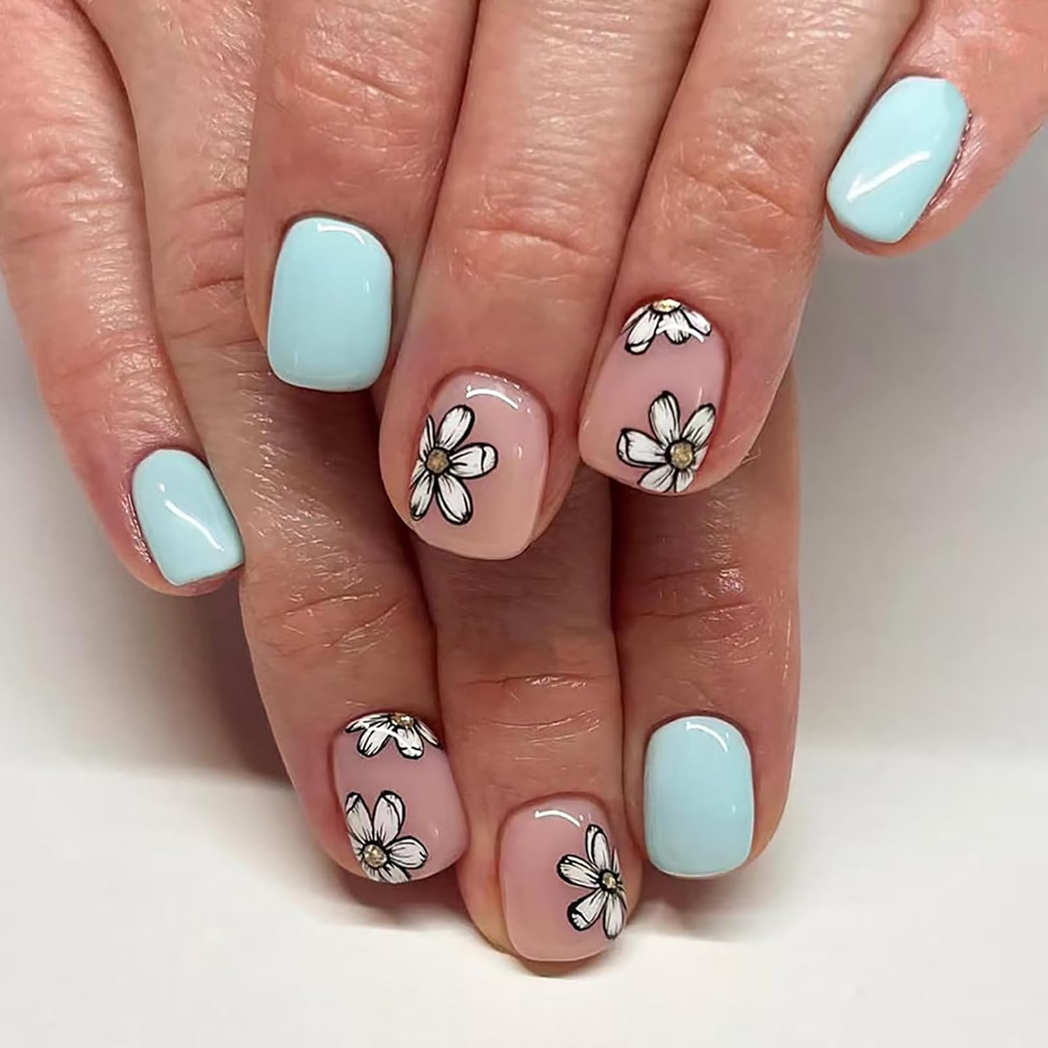 24Pcs Colorful Flower Press-On Nails - Short. Square. Fake. Spring-Summer Nail Art Set. Light Pink Acrylic. Full Cover Glossy False Nails for Women & Girls : Beauty & Personal Care