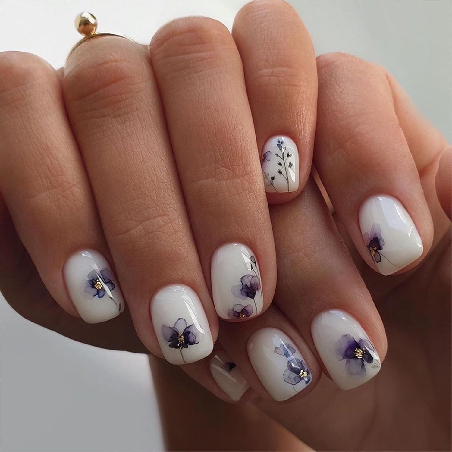 Square Press on Nails Short Sea Blue Fake Nails Glossy Acrylic Nails Press ons Full Cover False Nails with Golden Glitter Designs Glue Stick on Nails for Women Girls 24 Pcs : Beauty & Personal Care