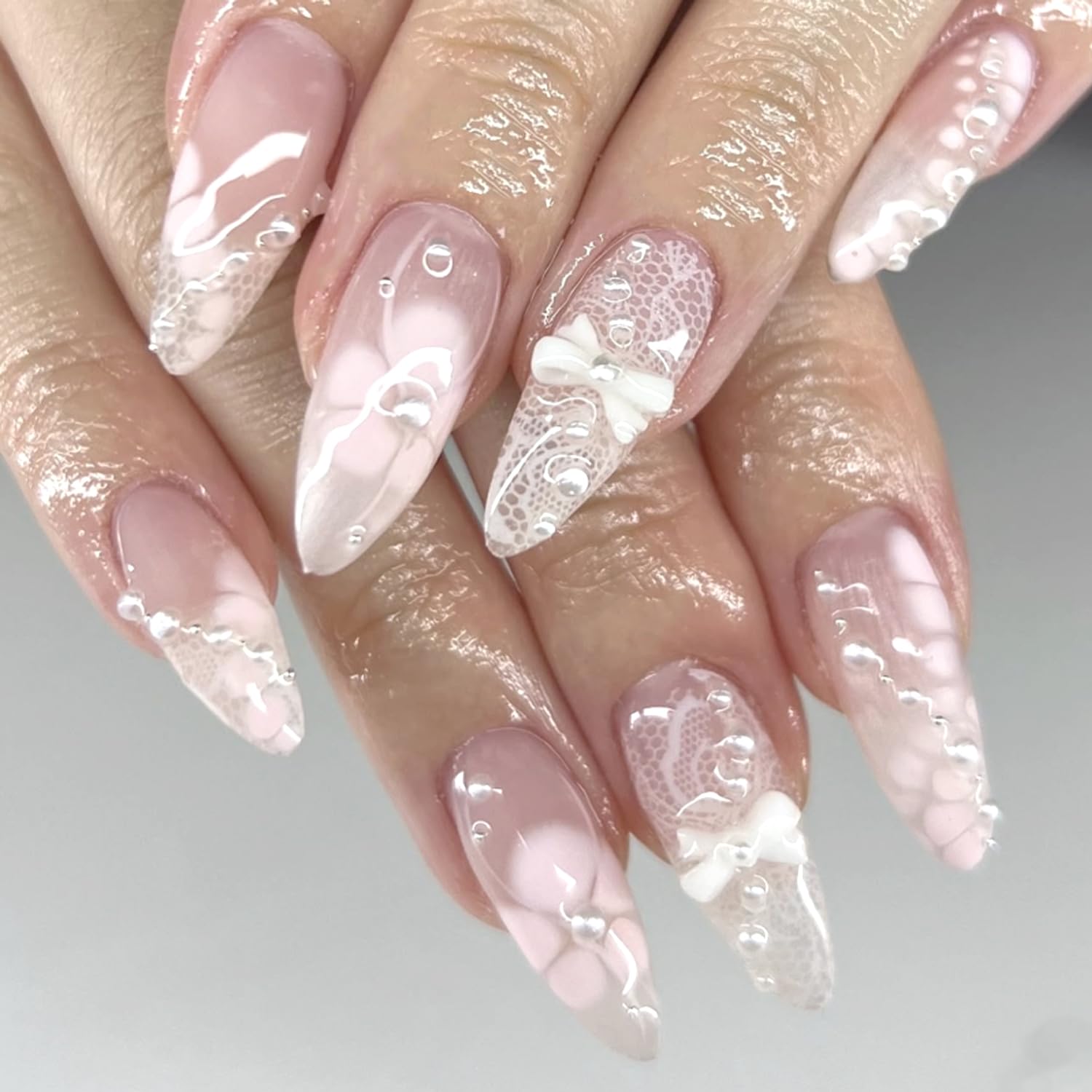 YKZFUI French Tip Press on Nails with Charms. Medium. Cute Bow. Long Square Shape. Acrylic Fake Stick On Nails with Heart and Rhinestones for Women Daily Wear. White : Beauty & Personal Care