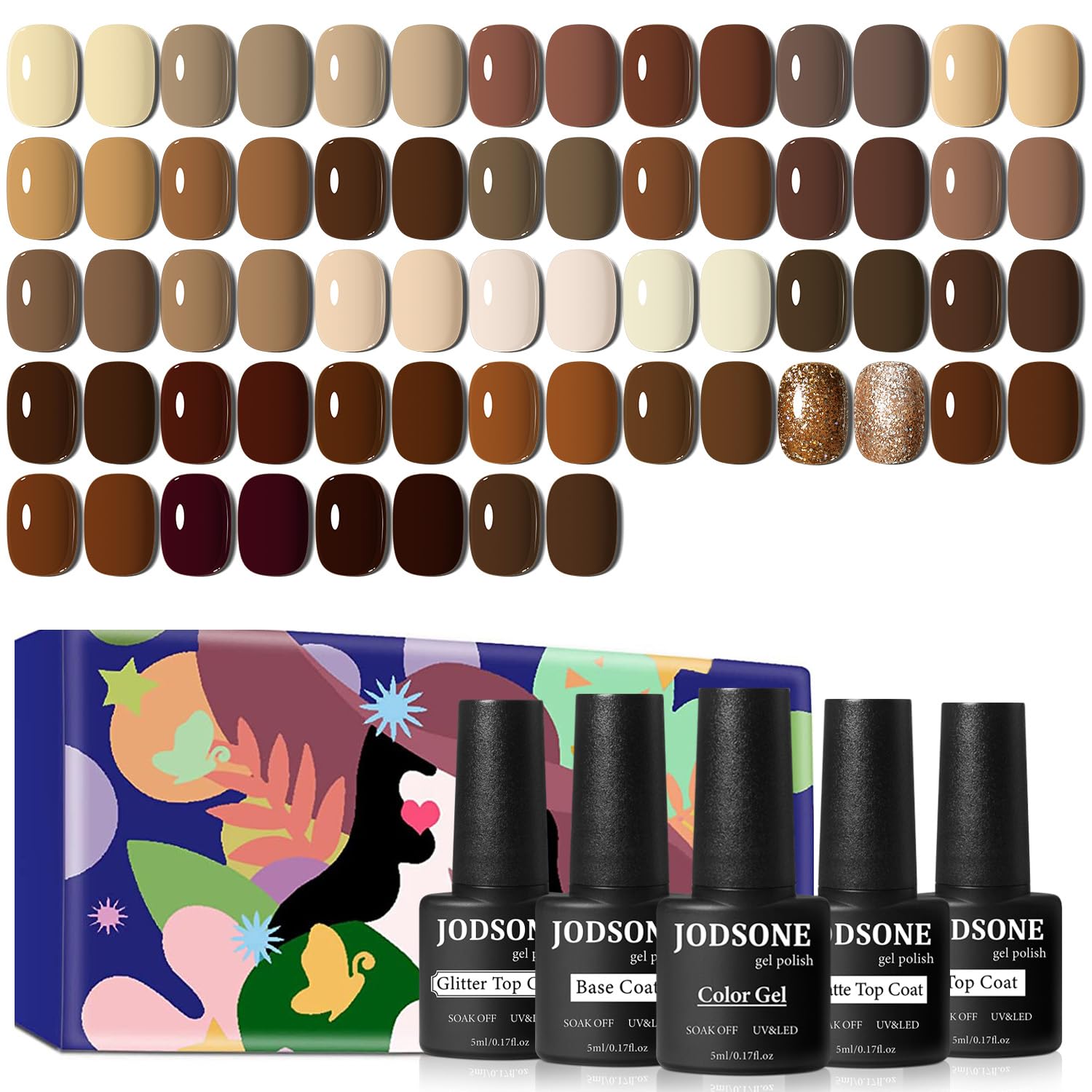 JODSONE Gel Nail Polish Kit 60 PCS with U V Light Soak off Base Top Coat 55 Shine Colors Gel Nail Kit Bright and Dark Brown Wine Red Series Manicure Set for Women and Girls : Beauty & Personal Care