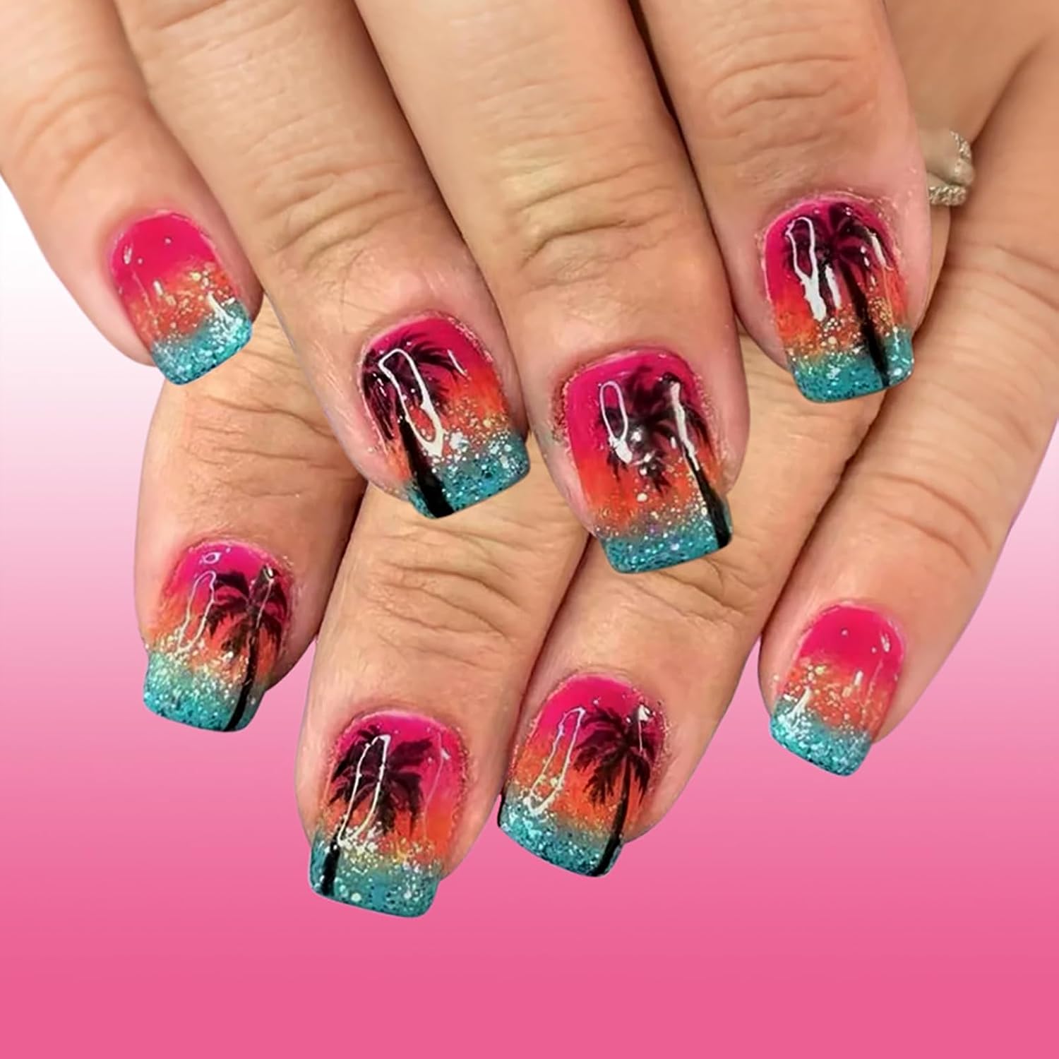 24Pcs Colorful Flower Press-On Nails - Short. Square. Fake. Spring-Summer Nail Art Set. Light Pink Acrylic. Full Cover Glossy False Nails for Women & Girls : Beauty & Personal Care