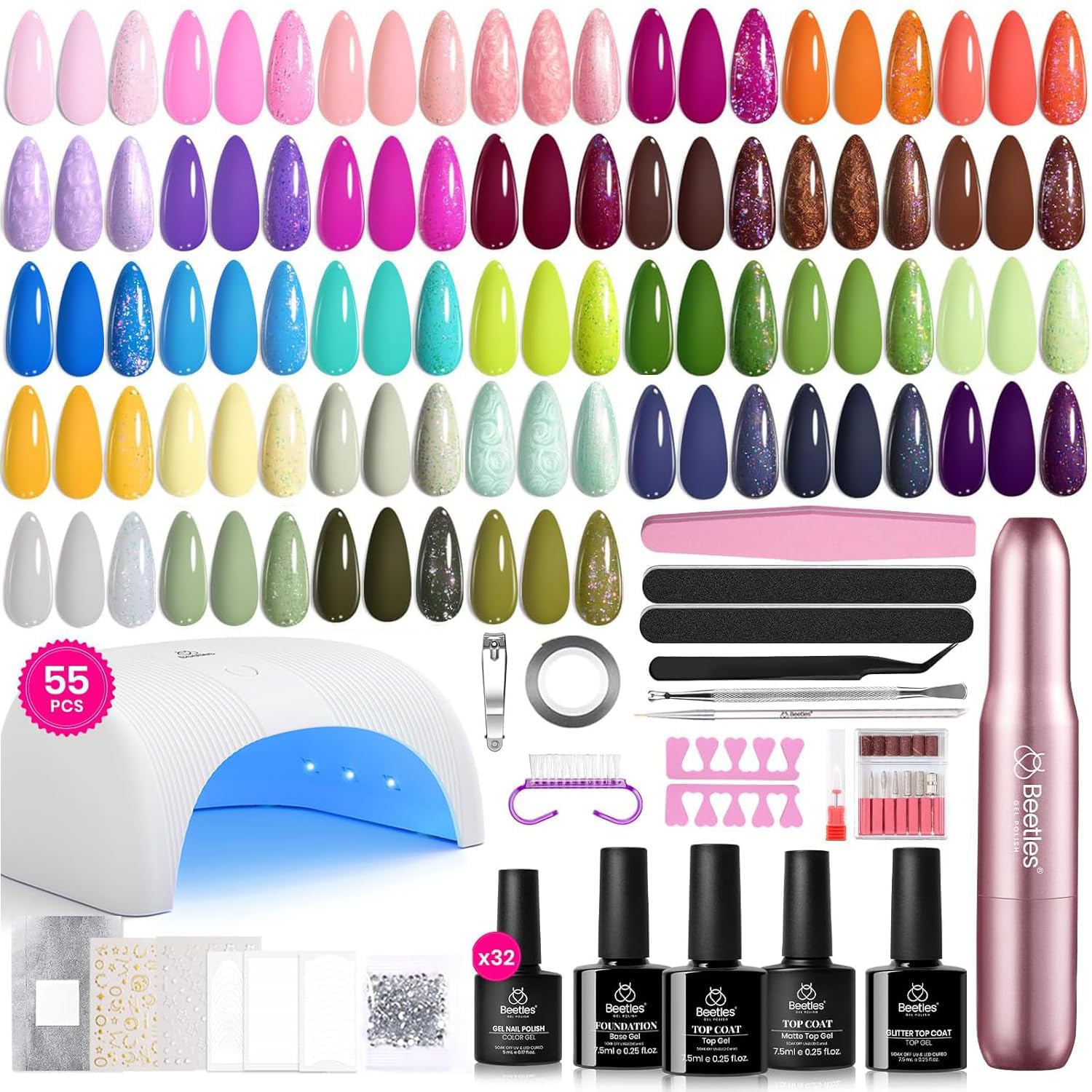 Beetles Summer Gel Polish Set - Fingertip Palette. 32 Colors Polish Set with Base Top Coat Pink Red Blue Purple Brown Yellow Green Black White UV LED Lamp Nails Gifts for Women : Beauty & Personal Care