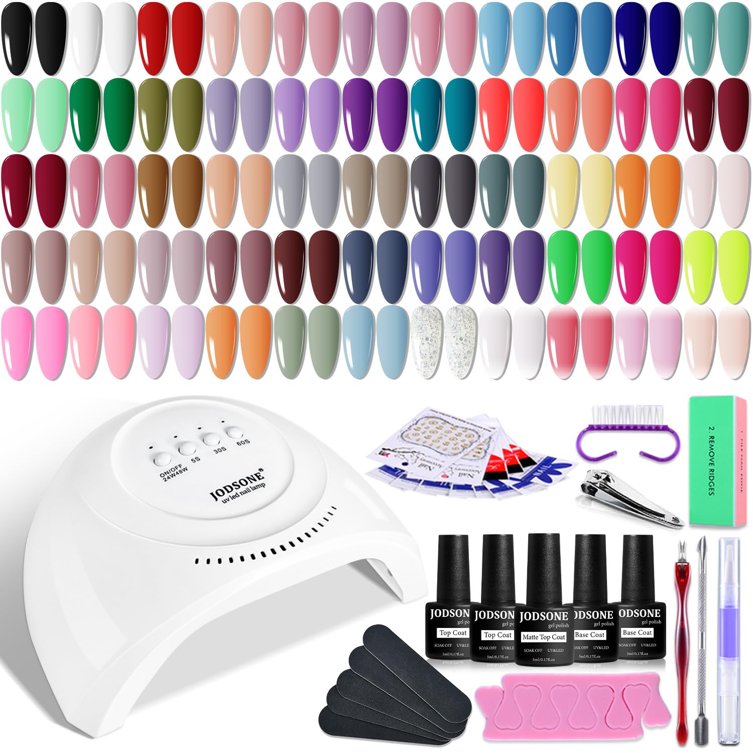 JODSONE Gel Nail Polish Kit 60 PCS with U V Light Soak off Base Top Coat 55 Shine Colors Gel Nail Kit Bright and Dark Brown Wine Red Series Manicure Set for Women and Girls : Beauty & Personal Care