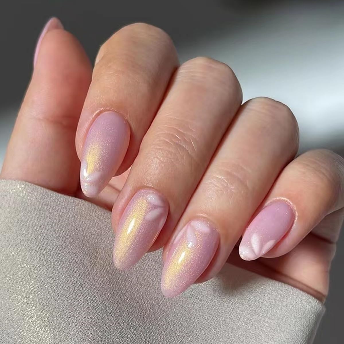 CTTHNBD Press on Nails Almond - French Tip Fake Nails with Gold Line Design - Medium Fasle Nails Press ons - for Women 24 Pcs : Beauty & Personal Care