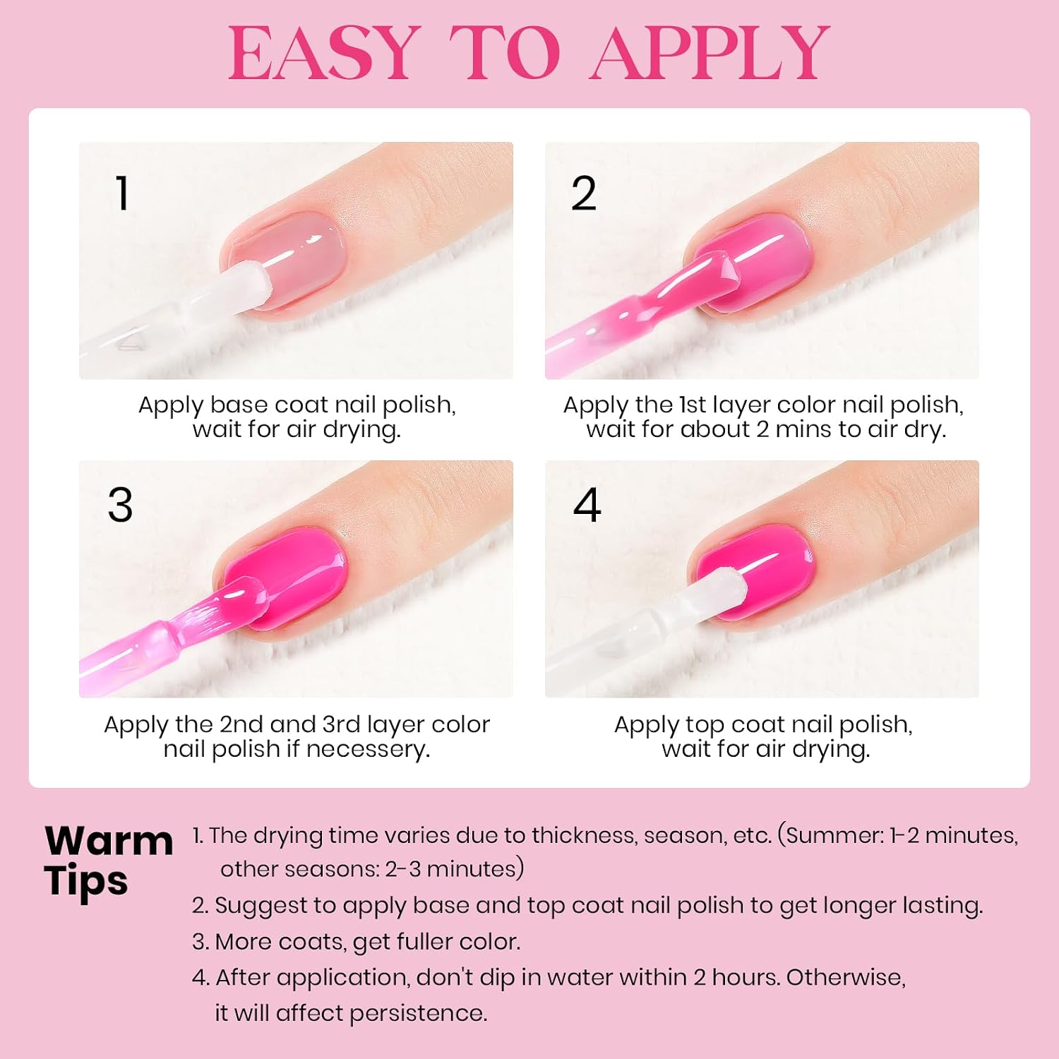 MIZHSE Quick Dry Nail Polish. Hot Pink Nail Polish Non Gel Air Drying Fast. 15ml Glossy Finish Regular Rose Red Nail Lacquer Full Coverage Nail Art Manicure DIY Home : Beauty & Personal Care