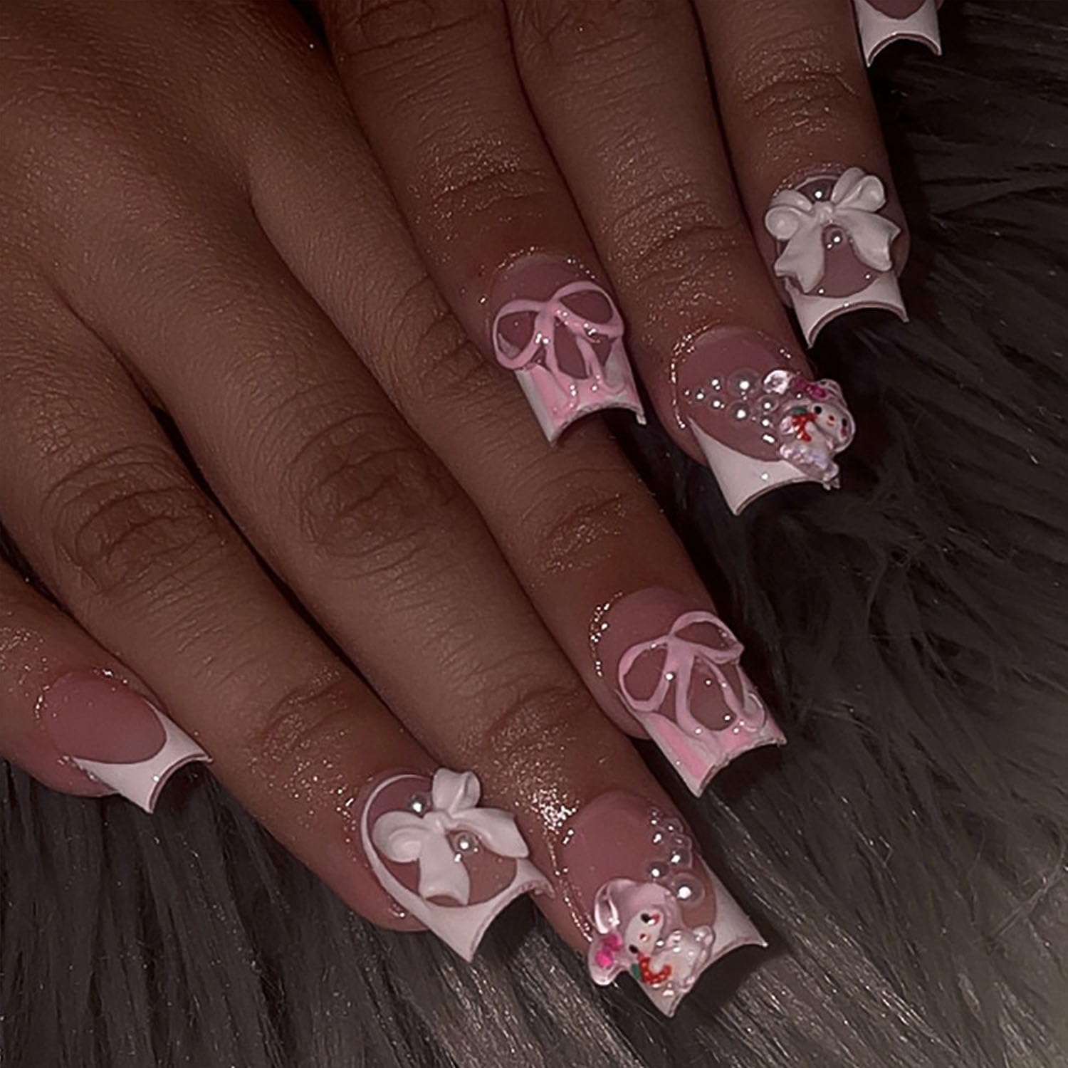 YKZFUI French Tip Press on Nails with Charms. Medium. Cute Bow. Long Square Shape. Acrylic Fake Stick On Nails with Heart and Rhinestones for Women Daily Wear. White : Beauty & Personal Care