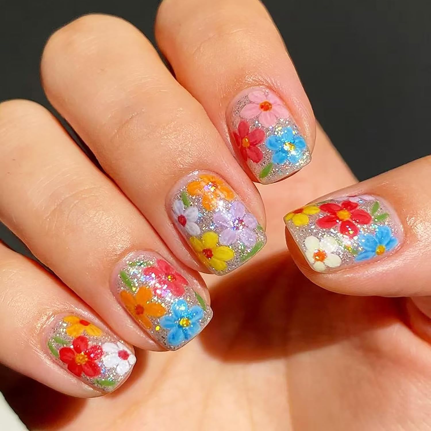 24Pcs Colorful Flower Press-On Nails - Short. Square. Fake. Spring-Summer Nail Art Set. Light Pink Acrylic. Full Cover Glossy False Nails for Women & Girls : Beauty & Personal Care