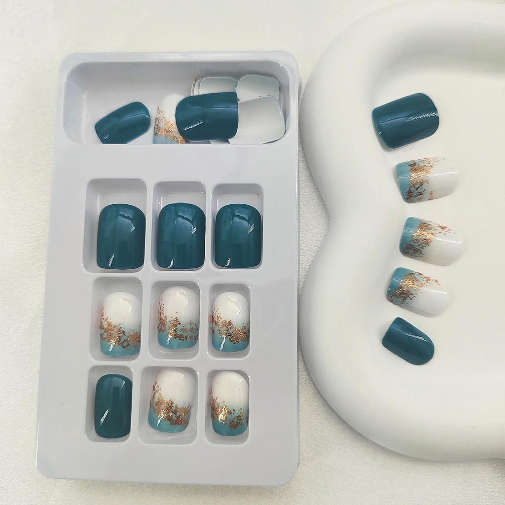 Square Press on Nails Short Sea Blue Fake Nails Glossy Acrylic Nails Press ons Full Cover False Nails with Golden Glitter Designs Glue Stick on Nails for Women Girls 24 Pcs : Beauty & Personal Care