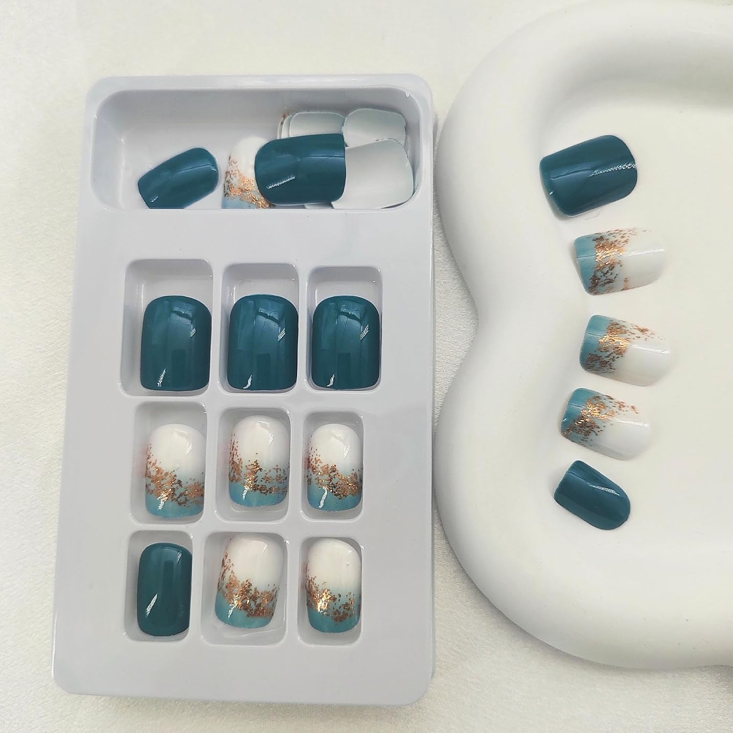 Square Press on Nails Short Sea Blue Fake Nails Glossy Acrylic Nails Press ons Full Cover False Nails with Golden Glitter Designs Glue Stick on Nails for Women Girls 24 Pcs : Beauty & Personal Care