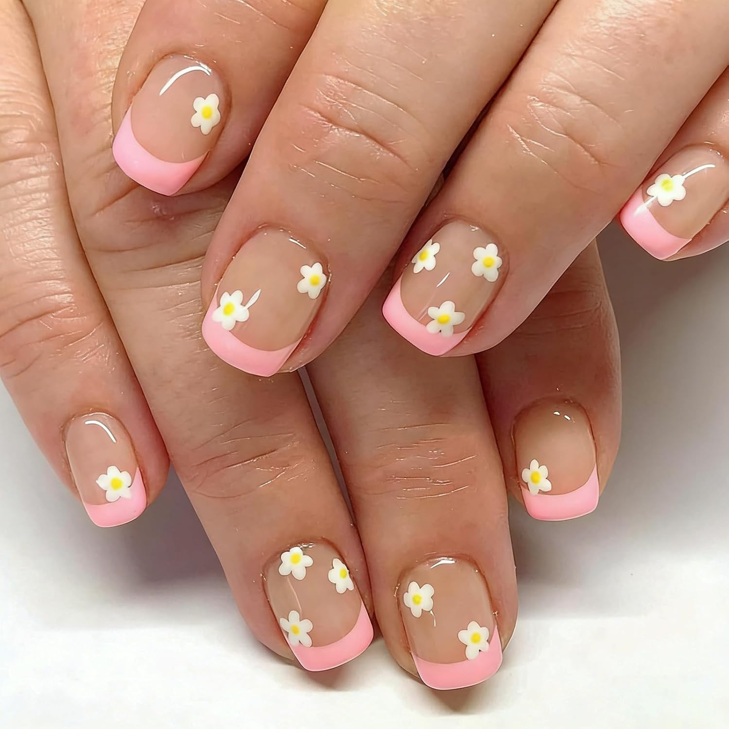 YOSOMMK Press on Nails Short Square Fake Nails with Flower Designs Nude Pink Glossy Full Cover Stick on Nail Bling Sequins Acylic Nail for Women and Girls : Beauty & Personal Care