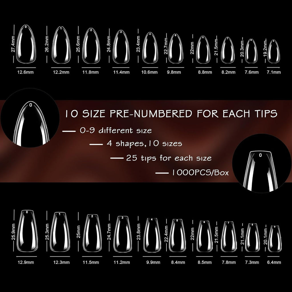 ELLEWIN 1000PCS Nail Tips Clear False Nails Full Cover for Acrylic Nails Kit 10 Sizes 4 Shapes Long Almond Square Coffin Oval Pre-Shape for Salon Home DIY Gifts : Beauty & Personal Care