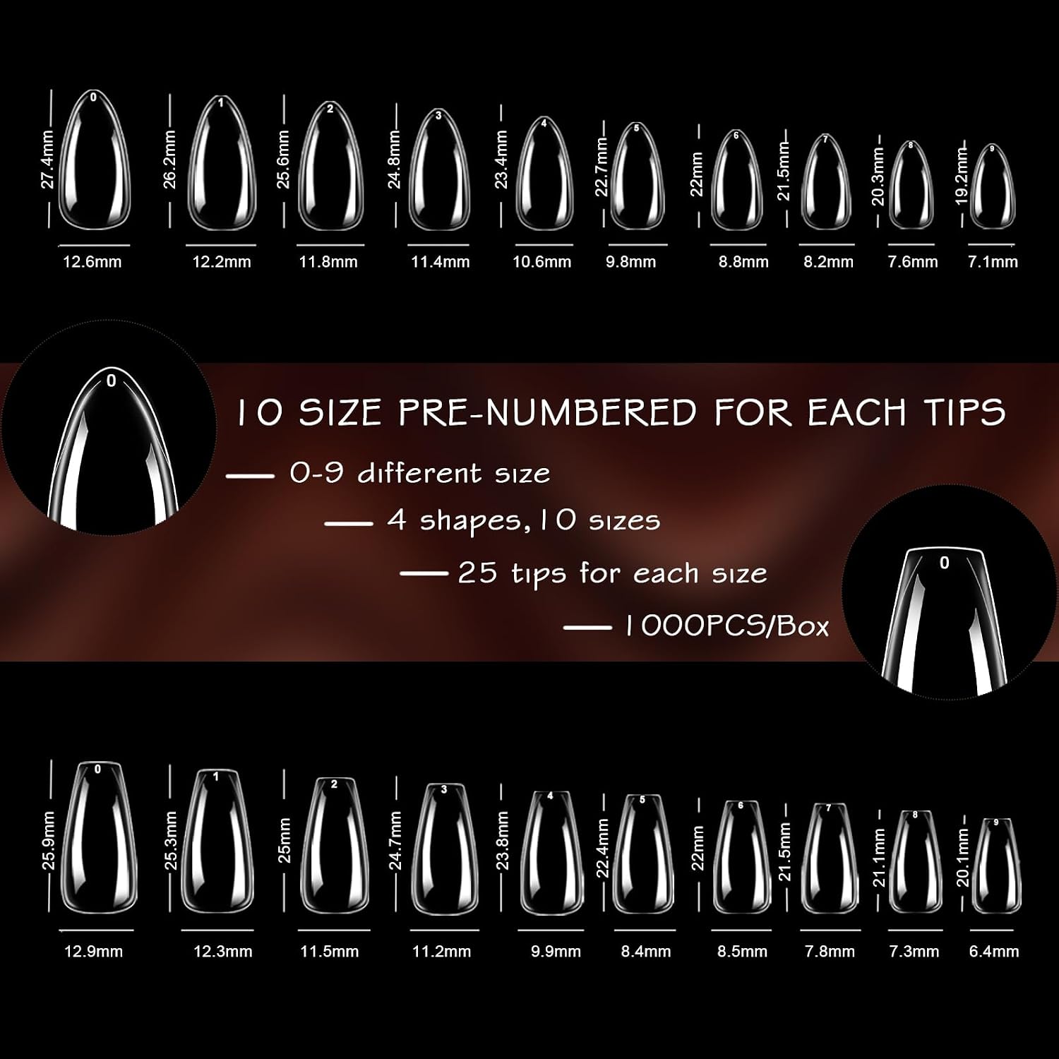 ELLEWIN 1000PCS Nail Tips Clear False Nails Full Cover for Acrylic Nails Kit 10 Sizes 4 Shapes Long Almond Square Coffin Oval Pre-Shape for Salon Home DIY Gifts : Beauty & Personal Care