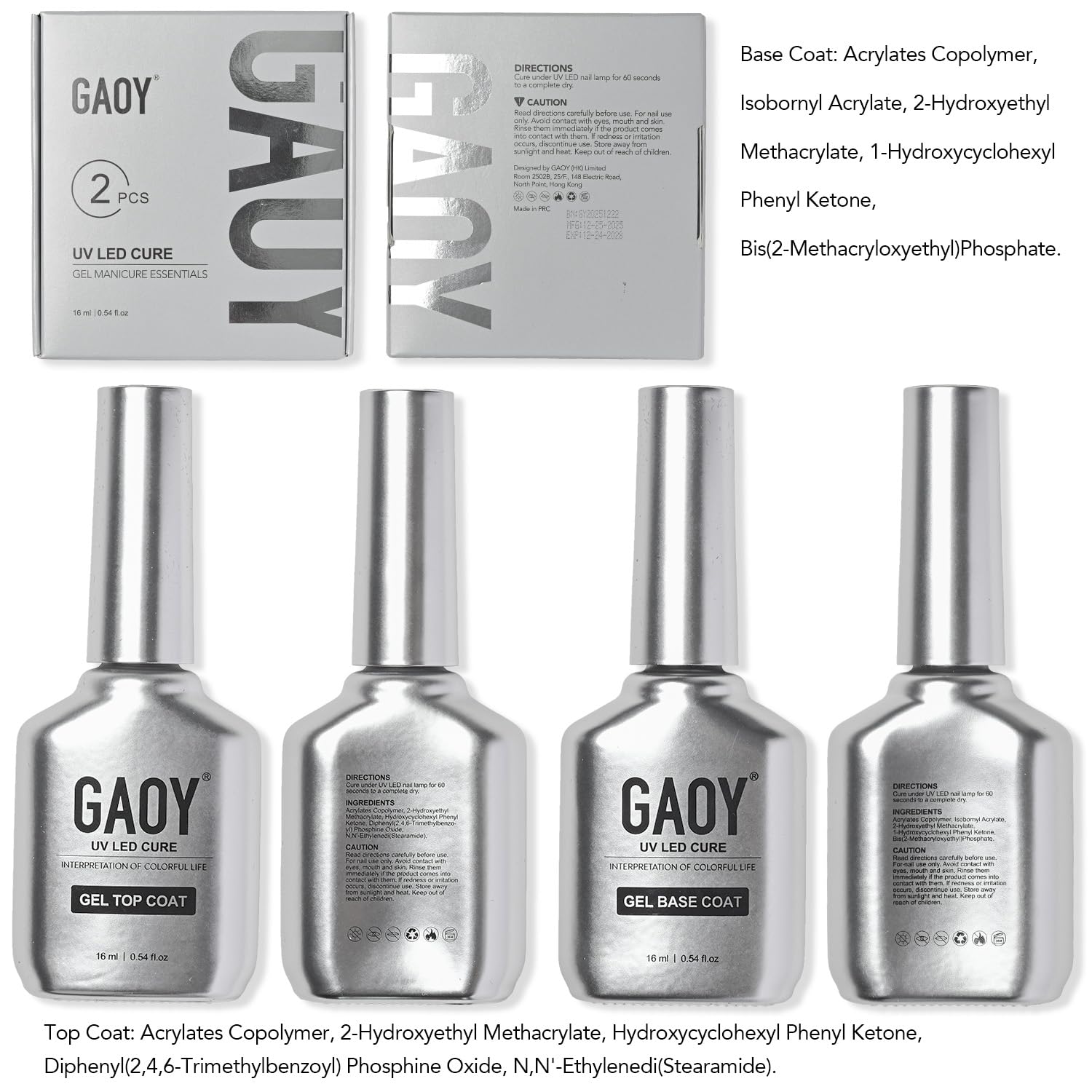 GAOY 16ml 2 Pcs Glassy Gel Top Coat and Base Coat Set.No Wipe Foundation Combination for UV Light Cure Nail Polish : Beauty & Personal Care