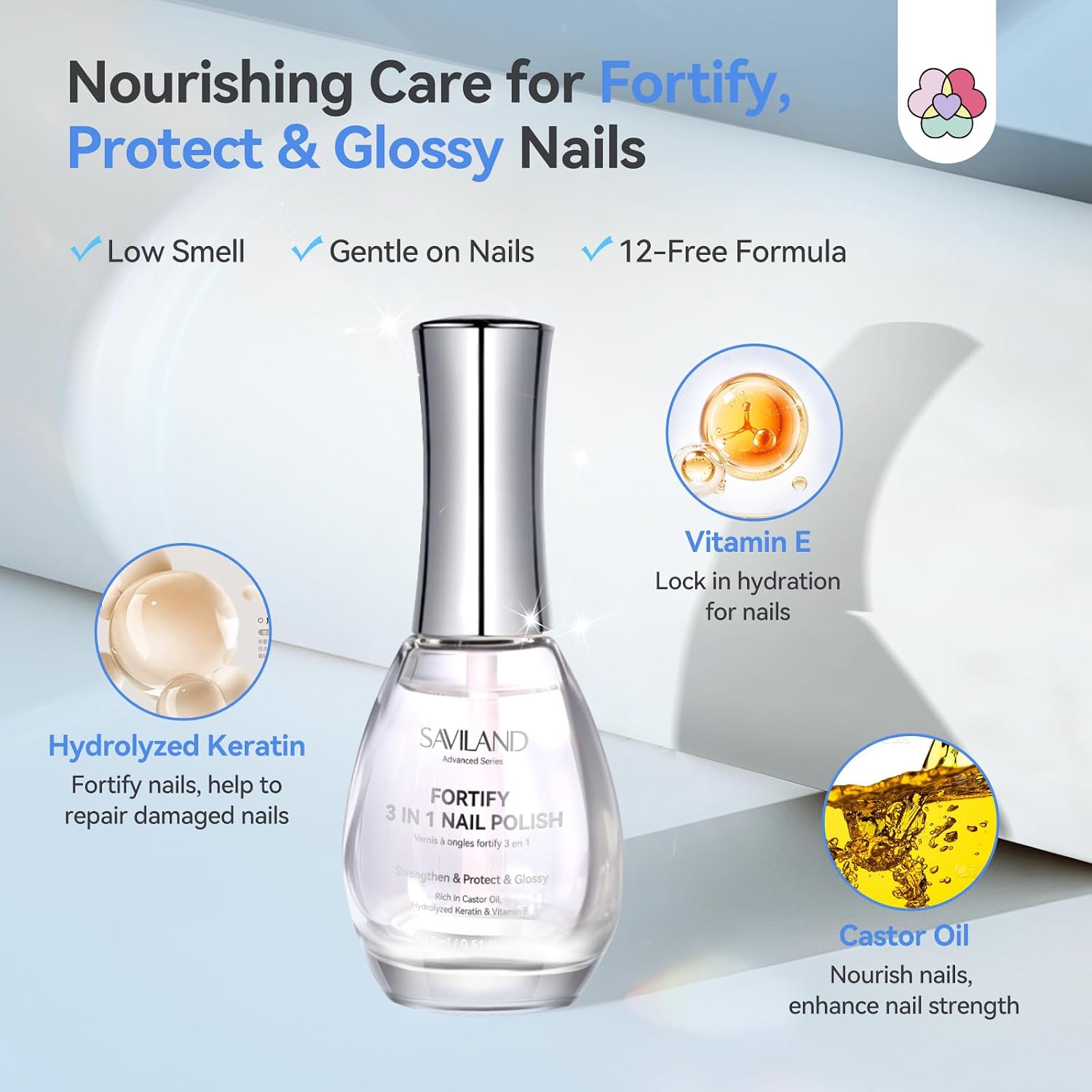 SAVILAND 3-in-1 Base & Top Coat & Nail Strengthener: 15ml Quick Air Dry Clear Nail Polish Nail Strengthener and Growth for Damaged Nails Nail Treatment Glossy Regular Nail Lacquer Women Gift : Beauty & Personal Care