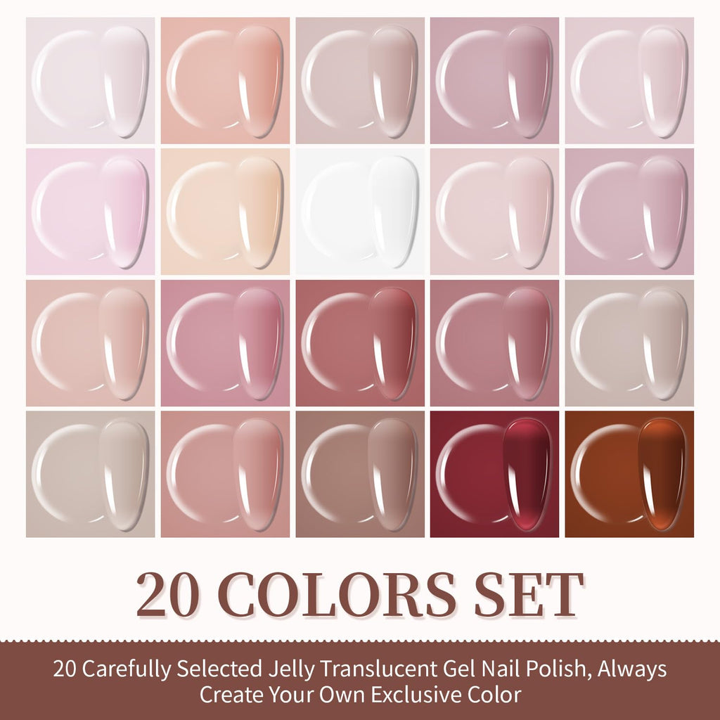 JODSONE 23PCS Gel Nail Polish Set 20 translucent Jelly Color Natural and Elegant Long Lasting Suitable for Home and Salon : Beauty & Personal Care