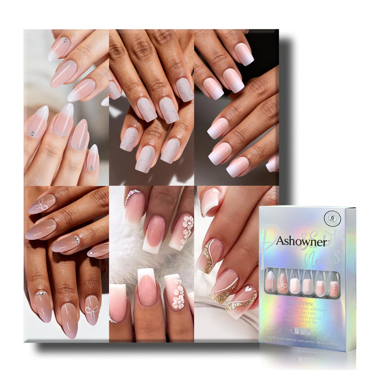 6 Packs (144 Pcs) | Reusable Press on Nails | Stick on Nails 12 Sizes-6 Styles | Cute Bow Nails : Beauty & Personal Care